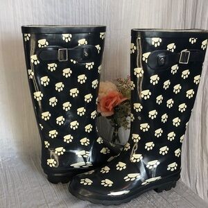 NORTY size 9 navy & white dog cat paw print mid calf rubber rain garden boots